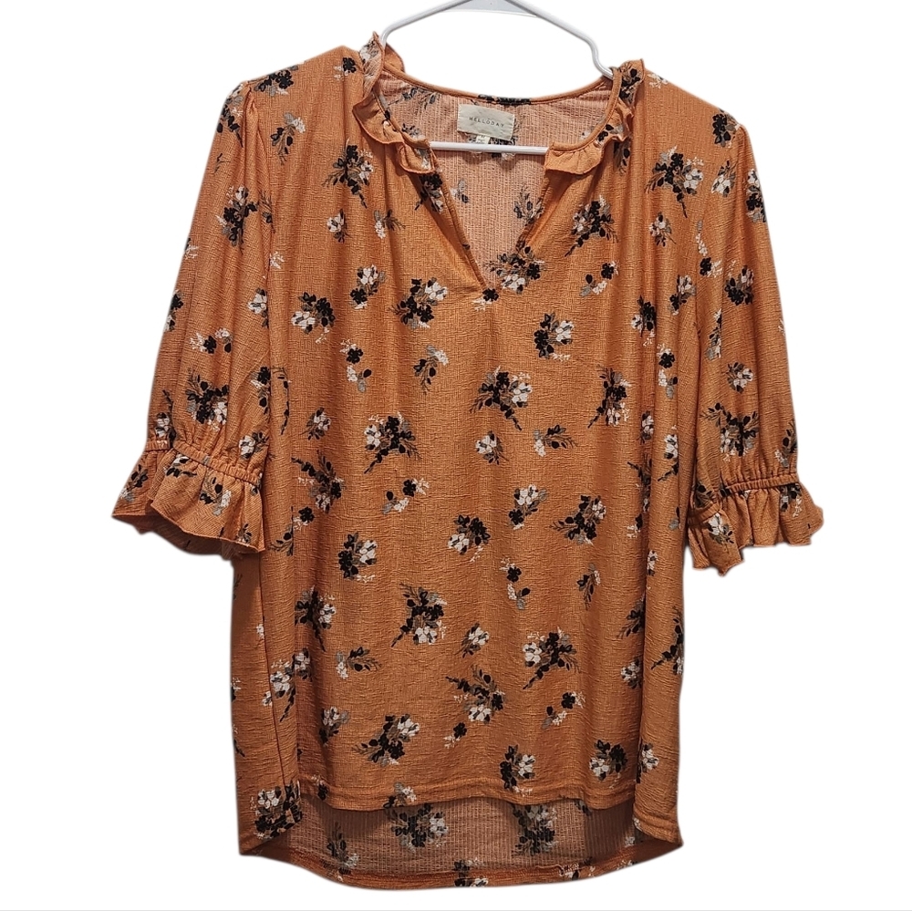 MELLODAY Orange with Black Floral Ruffle Neck Puff Sleeve Blouse Size M Office